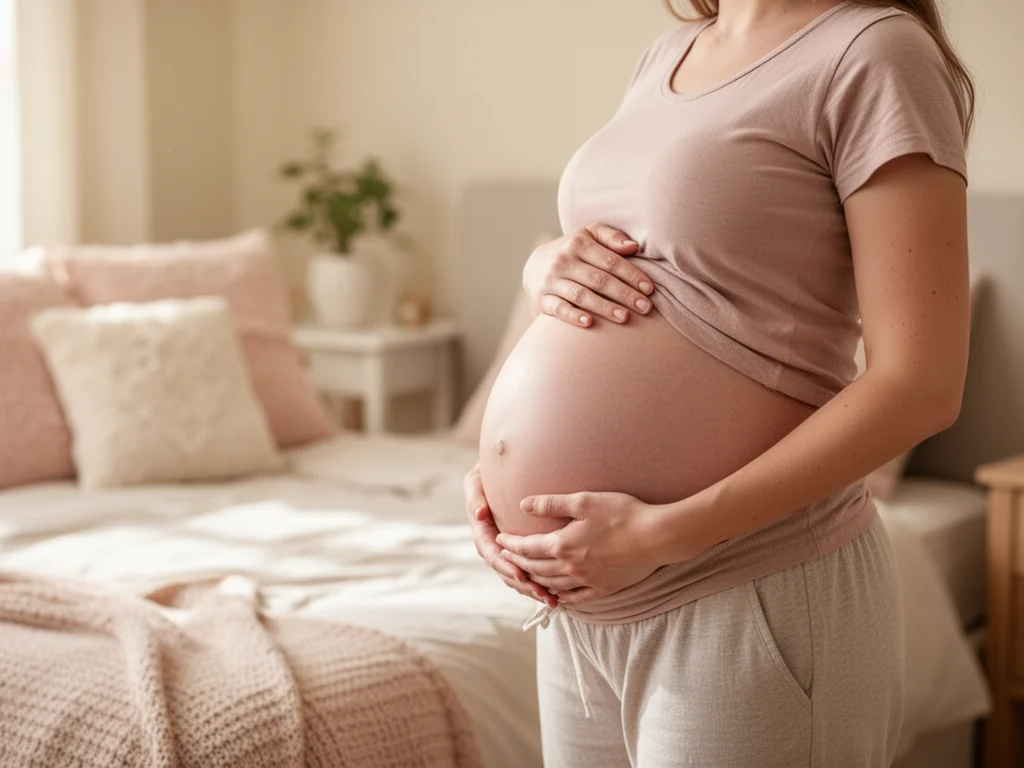 Spokojna, ciężarna kobieta w domu obejmuje brzuch, tworząc kojący, pełen zaufania nastrój wokół ruchów dziecka w 22. tygodniu.