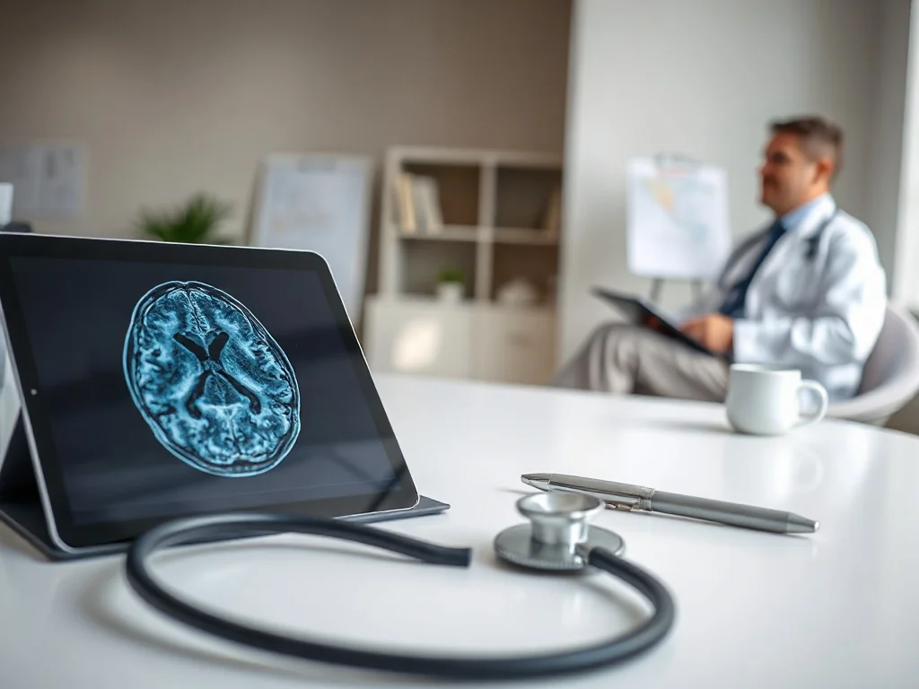 Tablet z obrazem MRI mózgu na biurku obok stetoskopu, w tle spokojna rozmowa lekarza z pacjentem o wyniku badania.