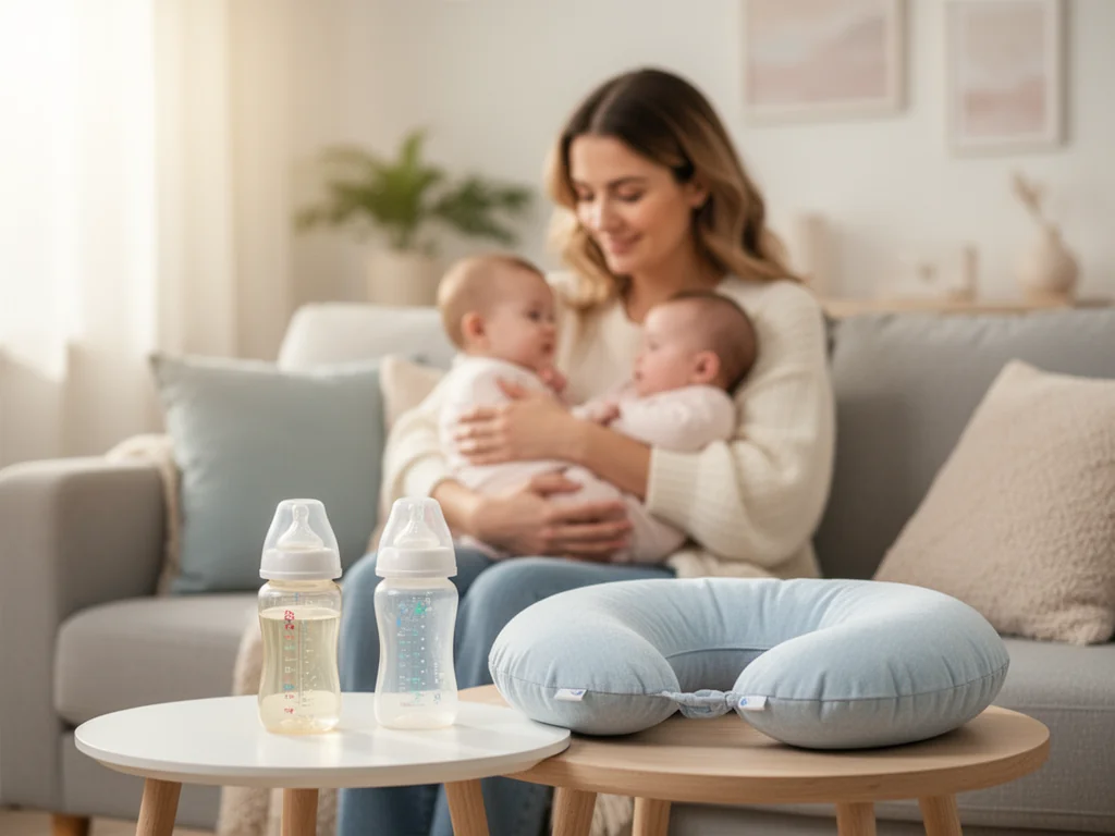 Młoda mama z niemowlęciem na sofie, obok na stoliku butelka i poduszka do karmienia, symbol wyboru sposobu karmienia.