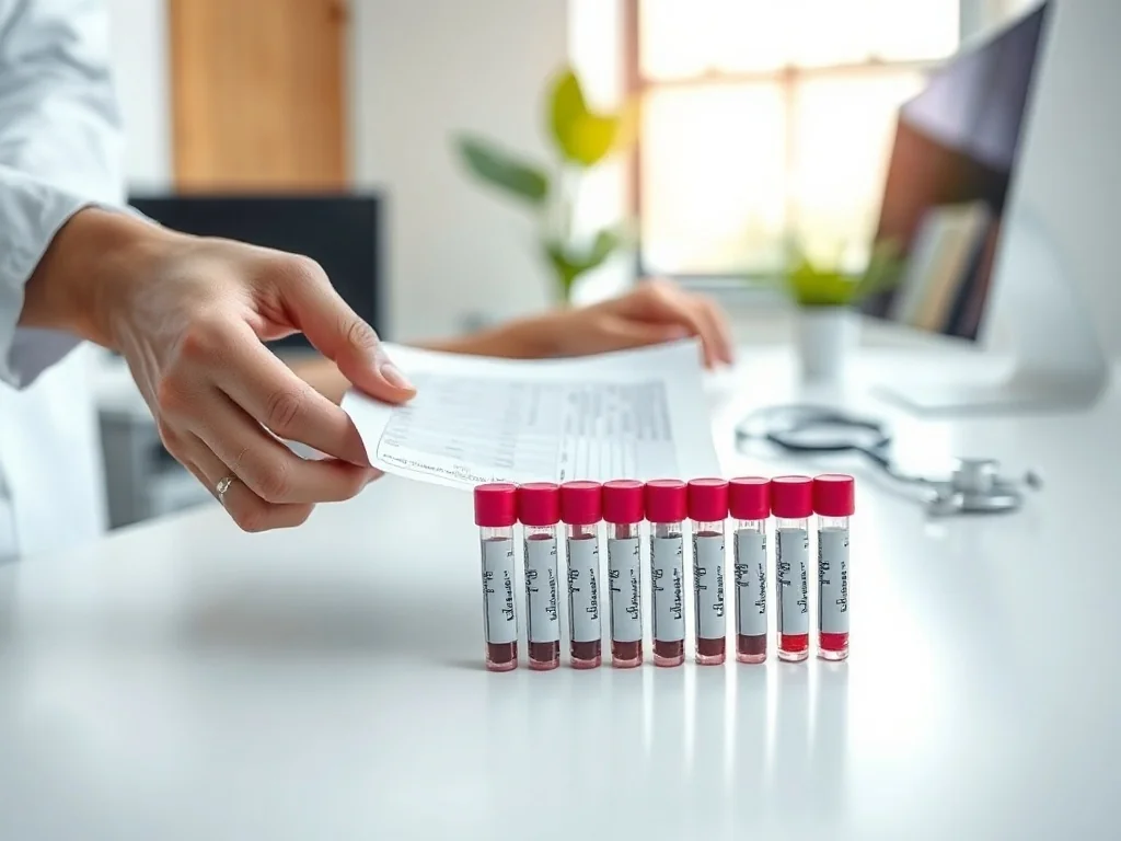 Lekarz analizuje wyniki badań laboratoryjnych i probówki z krwią, obraz podkreśla diagnostykę ogólnoustrojowej grzybicy