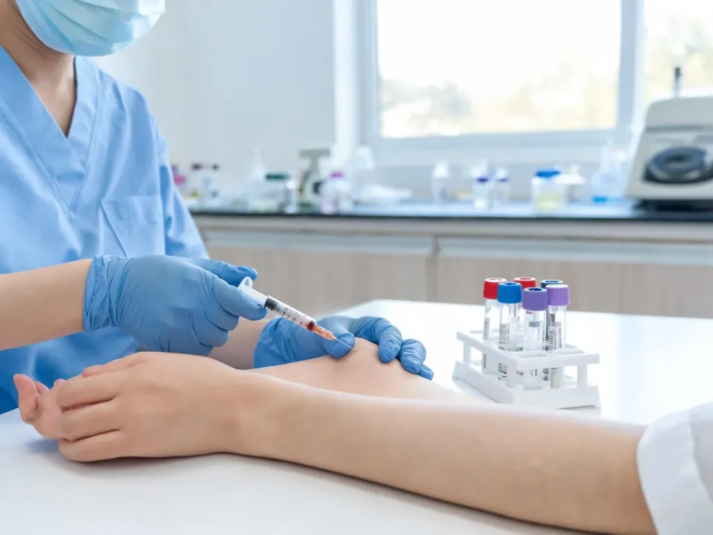Pobieranie krwi w jasnym laboratorium do badań tarczycy, m.in. TSH, FT3, FT4, anty-TPO i anty-TG.