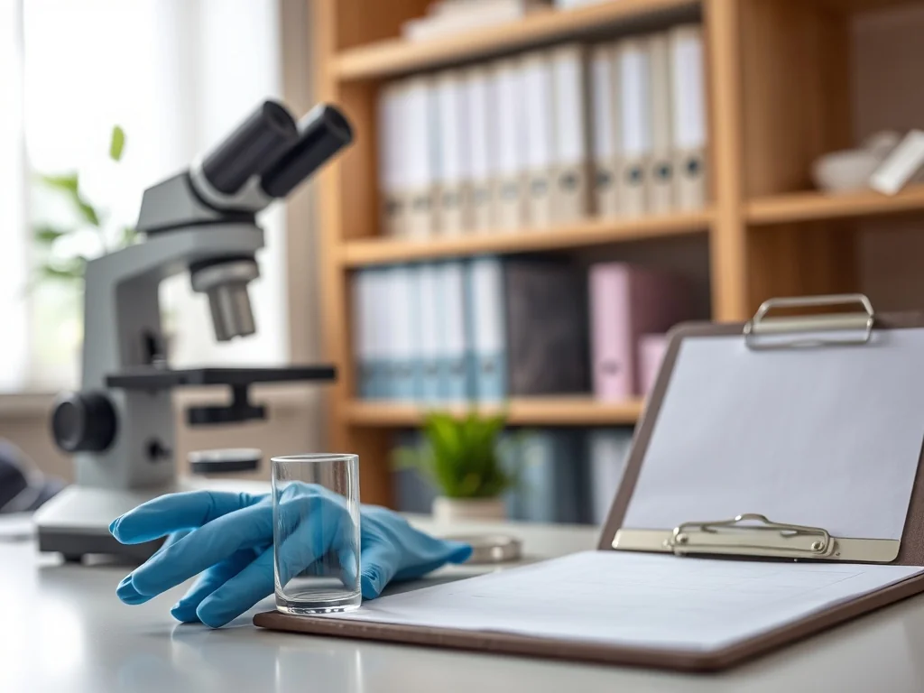 Mikroskop z próbką cytologiczną na biurku ginekologa w spokojnym, profesjonalnym gabinecie.