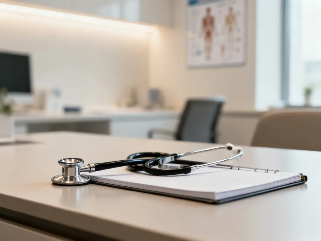 Nowoczesny gabinet lekarski z uporządkowanym biurkiem i stetoskopem, symbolizujący profesjonalną opiekę gastrologiczną.