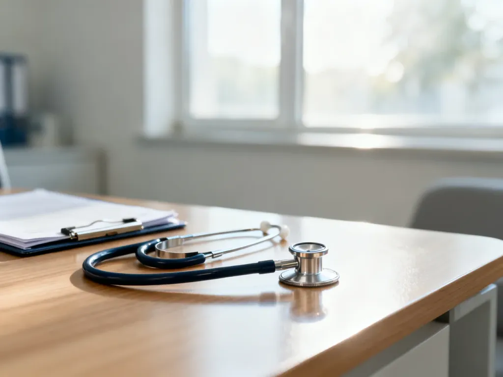 Nowoczesny gabinet lekarski z stetoskopem na biurku, symbolizujący profesjonalną i przyjazną opiekę urologiczną dla kobiet.