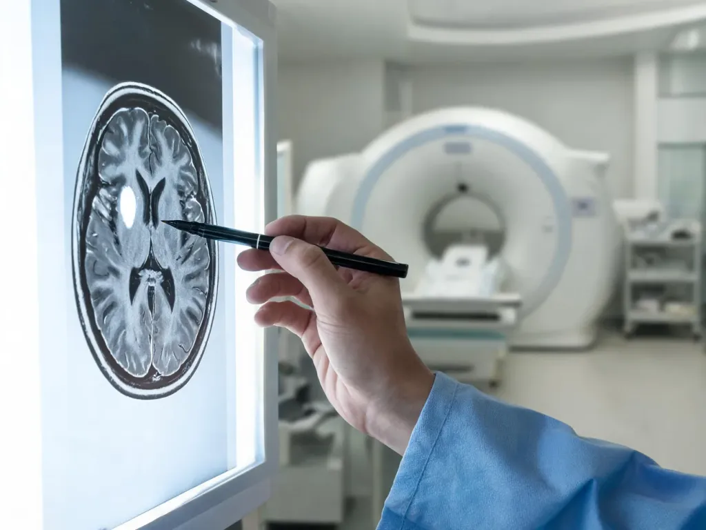 Lekarz wskazuje jasną zmianę na obrazie MRI mózgu, ilustrując ognisko hiperintensywne w sekwencji FLAIR.