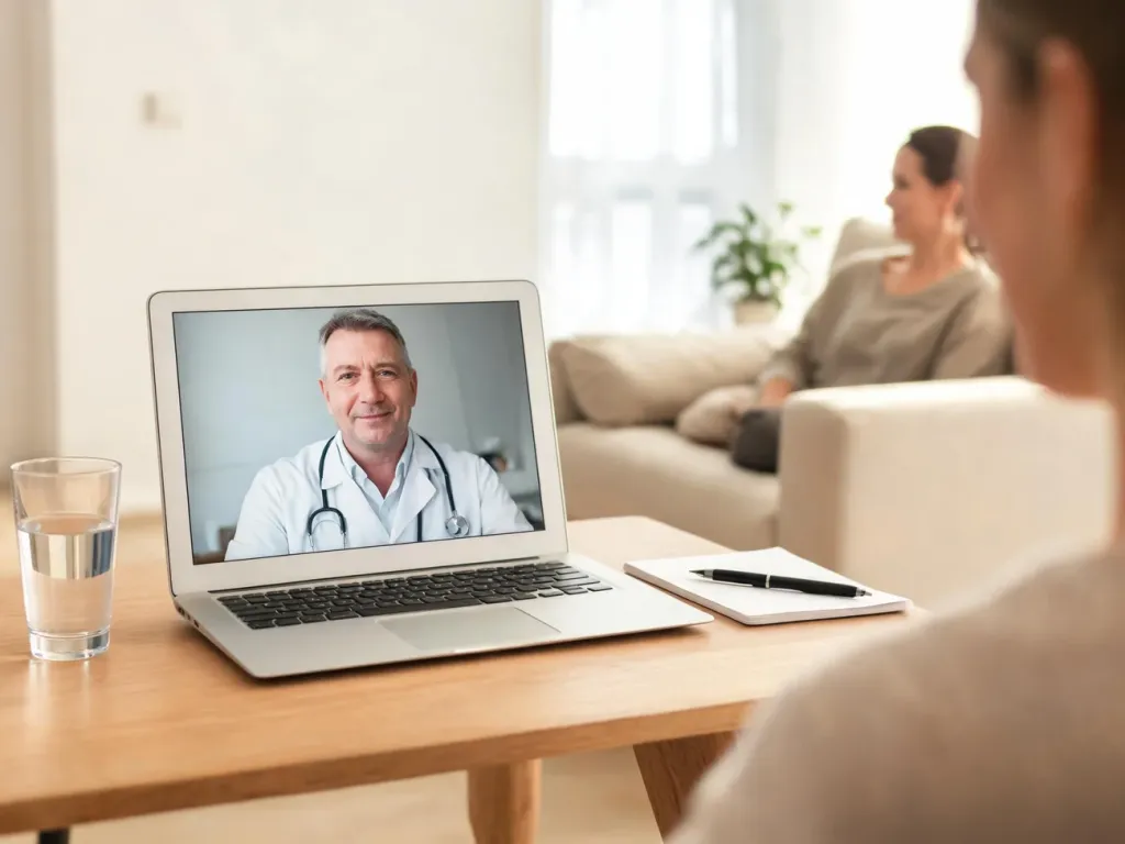 Pacjent łączy się online z urologiem przez wideorozmowę na laptopie w przytulnym, domowym wnętrzu.