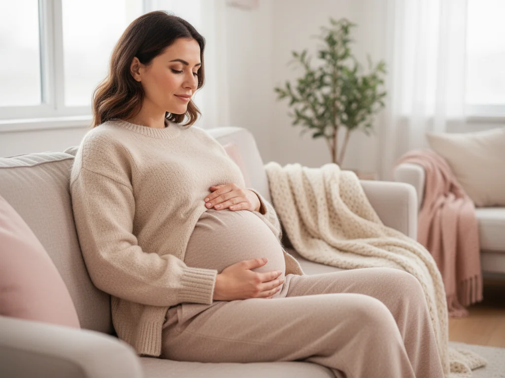 Ciężarna kobieta odpoczywa na kanapie, spokojnie trzymając brzuch, co podkreśla potrzebę komfortu i łagodzenia bólu w ciąży.