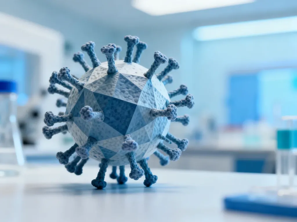 Trójwymiarowy model wirusa z widocznymi wypustkami białkowymi na rozmytym, laboratoryjnym tle.