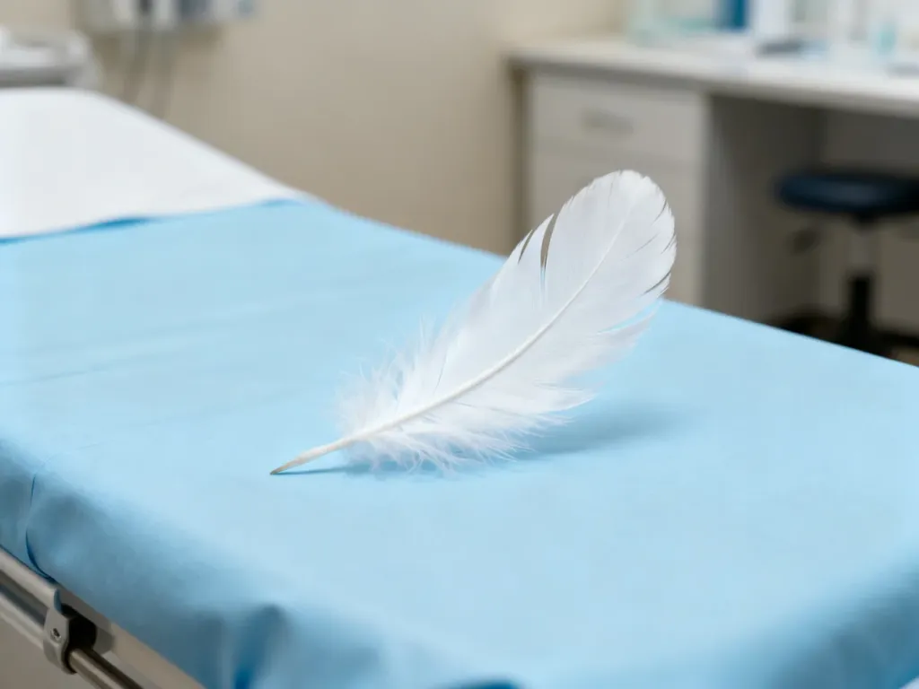 Białe pióro na sterylnym, medycznym podłożu, symbolizujące zagrożenie ptasią grypą w kontekście klinicznym.