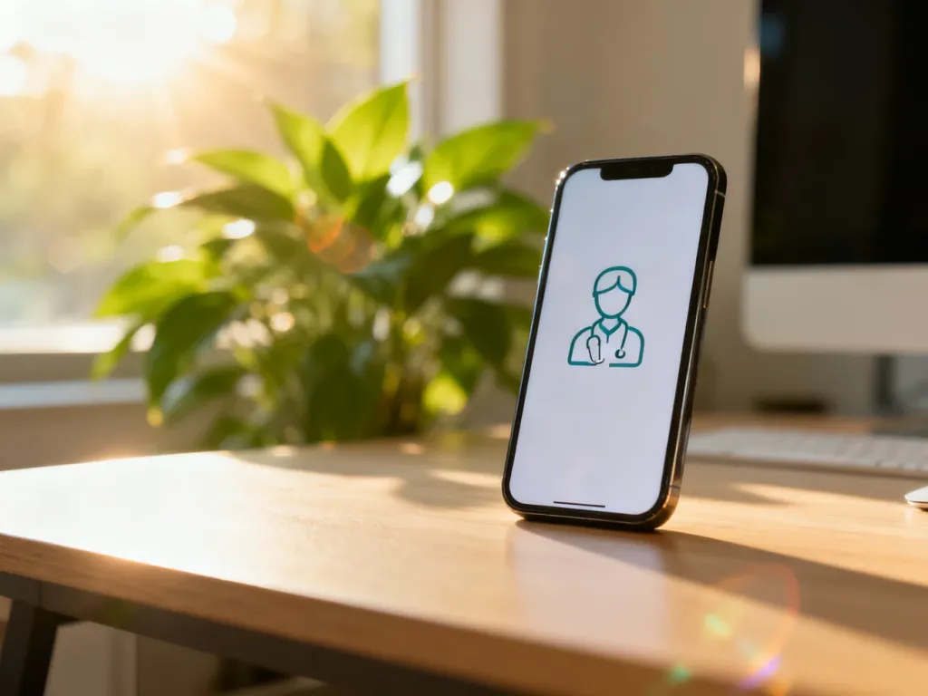 Smartfon z ikoną konsultacji medycznej na ekranie, leżący na biurku w domowym gabinecie.