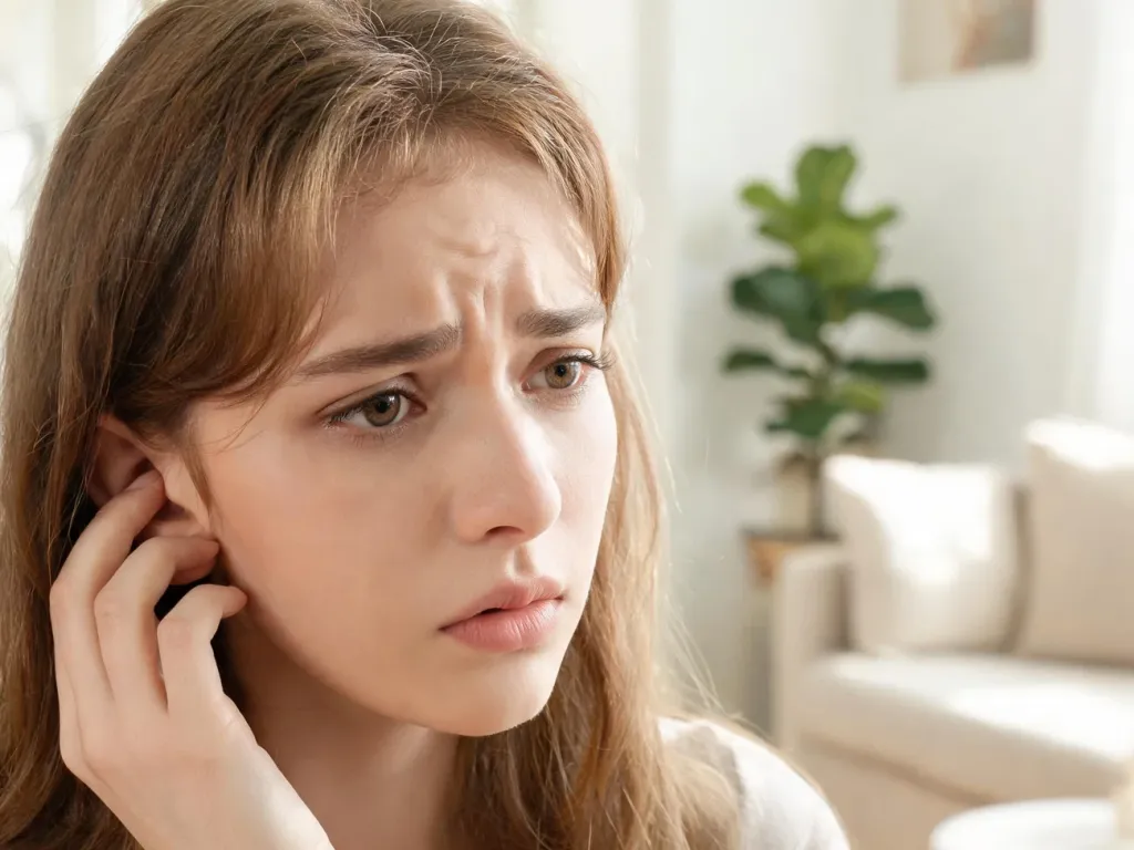 Młoda kobieta z niepokojem dotyka ucha w jasnym, domowym wnętrzu, ilustrując ból ucha i potrzebę diagnozy.