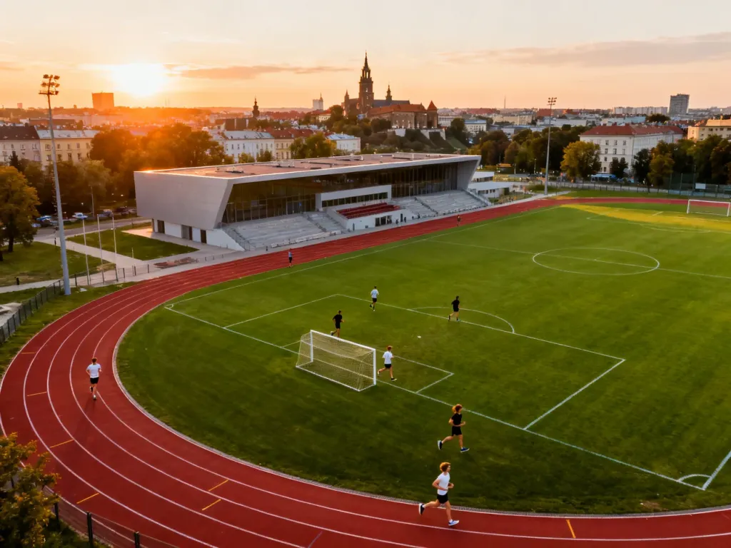 Nowoczesny kompleks sportowy w Krakowie o zachodzie słońca z boiskiem i bieżnią, idealne miejsce do aktywności fizycznej, no text on the picture